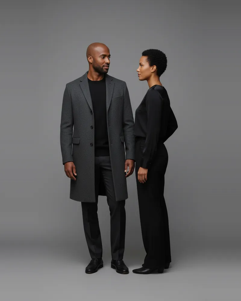 Him: charcoal grey coat. AI-generated image