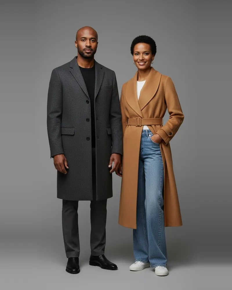 He wears grey: five looks for her. AI-generated image: Charcoal wool-blend coat, Long belted camel coat, Light blue jeans, Burgundy V-neck sweater, Black satin midi skirt, Cream turtleneck sweater, Cream wide-leg trousers, Short black puffer jacket, Grey suit trousers, Navy blazer, Navy wide-leg trousers