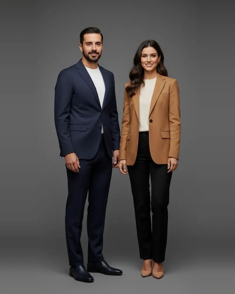 She wears camel, you wear navy. AI-generated image