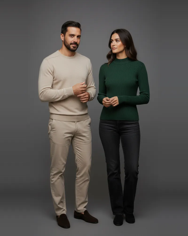 She wears bottle green, you wear cream and beige. AI-generated image