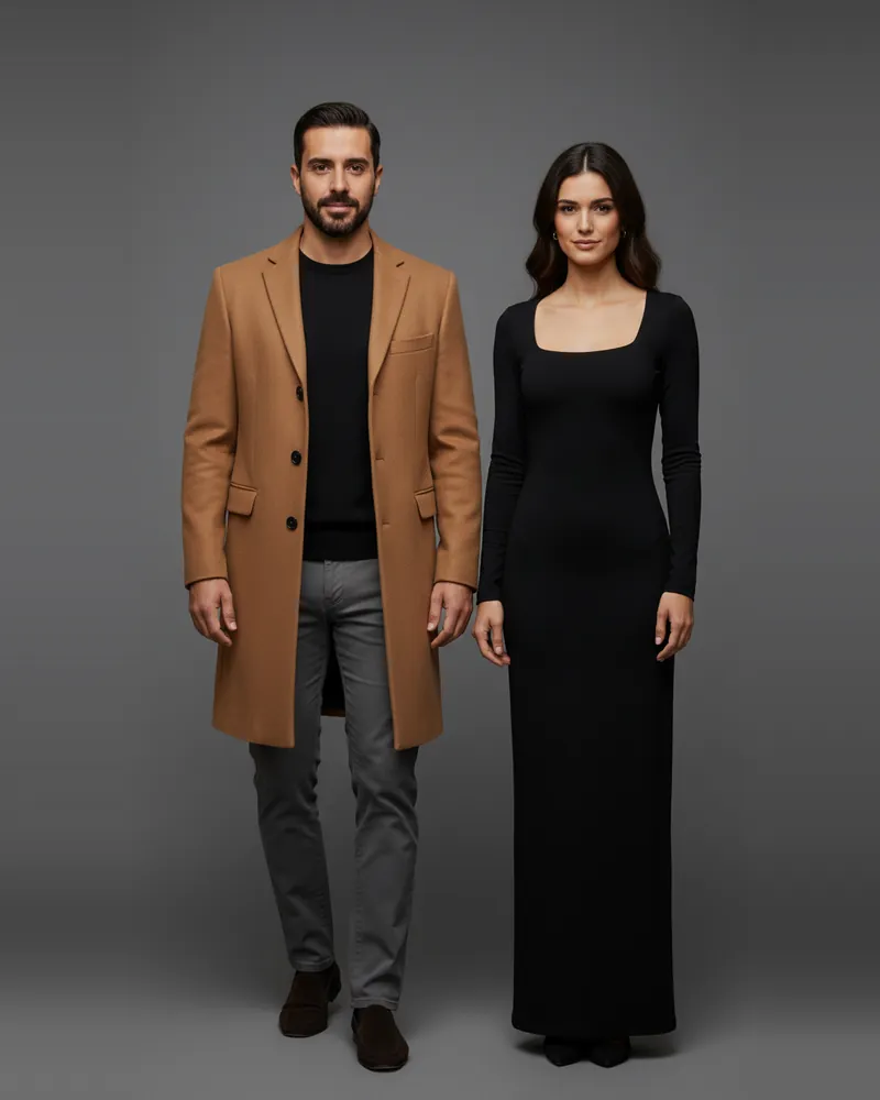 She wears black, you break it with camel. AI-generated image