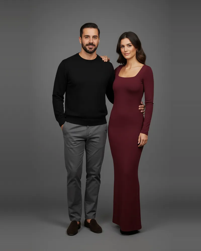 She wears burgundy, you wear charcoal. AI-generated image