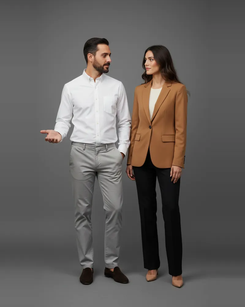 She wears camel: what about you?. AI-generated image: Camel blazer (her), Navy blazer, Navy dress trousers, Bottle-green turtleneck (her), Cream crew-neck sweater, Beige chinos, Light blue oversized shirt (her), White oxford shirt, Light grey chinos, Black maxi dress (her), Camel wool-blend coat, Black crew-neck sweater, Burgundy maxi dress (her), Charcoal chinos