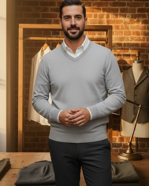 Jersey de pico o redondo. Imagen generada con IA: Jersey de pico gris claro, Camisa oxford blanca, Jersey de cuello redondo azul marino, Camiseta blanca gruesa